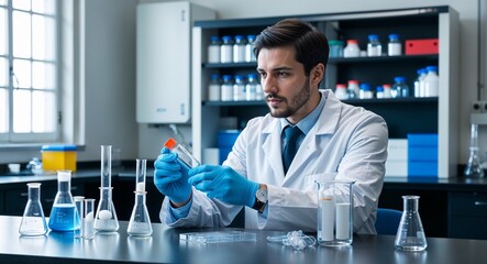 Latin chemist working with vials concentrated look lab coat and gloves laboratory with beakers and tubes early thirties male