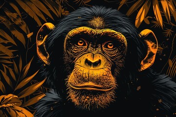 Close-up portrait of a chimpanzee looking directly at the camera, with an orange glow effect.