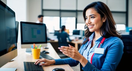 Latin tech support specialist helping customer attentive look casual attire with ID badge office with desks and computers mid twenties female