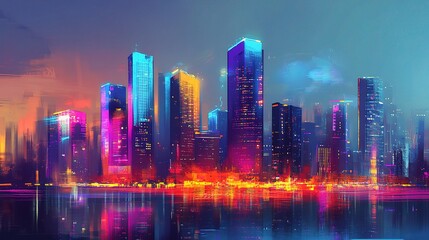 Poster - Vibrant Cityscape with Futuristic Neon Lights