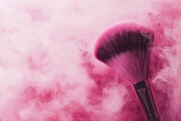 A stunning pink makeup brush amidst swirling pink powder in a vibrant, dreamy atmosphere.