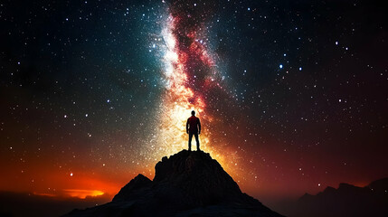 Wall Mural - A Solitary Figure Stands on a Mountain Peak, Gazing Up at the Milky Way Galaxy, a Spectacular Display of Stars in the Night Sky, Creating a Sense of Awe and Wonder