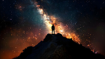 Wall Mural - A Solitary Figure Stands on a Mountaintop, Gazing at the Milky Way, Under a Starry Night Sky, With a Stunning View of the Universe's Vastness and Wonder.