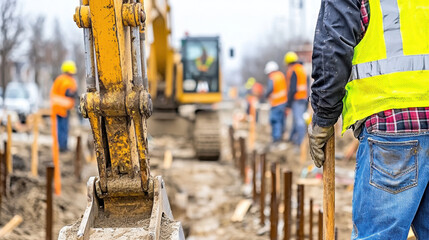 Construction workers are actively engaged in roadwork project, showcasing teamwork and machinery in busy urban environment. scene captures essence of hard work and dedication