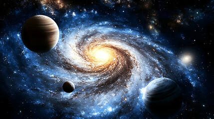 Wall Mural - A Digital Illustration of a Spiral Galaxy with Planets Orbiting in the Vastness of Space