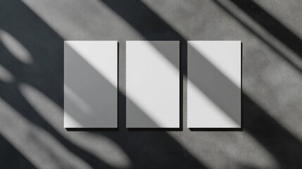 Poster - Close up of three blank white rectangle poster mockups arranged diagonally with soft shadows on a dark grey concrete surface Flat lay top view Open composition