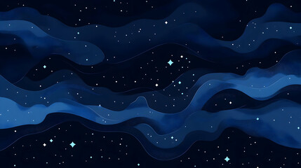 Abstract Night Sky with Wavy Blue Nebulae and Stars