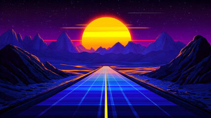 A retro-futuristic digital art illustration of a road leading towards a yellow sun setting over purple mountains with a starry night sky background