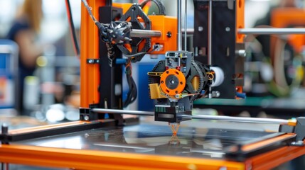 Poster - Orange 3d printer is printing a prototype in a laboratory, showcasing innovative technology. The blurred background adds movement, highlighting the industrial process
