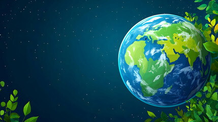 A Vibrant Cartoon Illustration of Earth Surrounded by Green Leaves and a Starry Night Sky