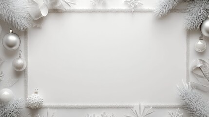 Poster - White canvas invitation template mockup for a festive greeting card featuring a decorative border with shimmering elements like Christmas ornaments and a fur frame design