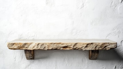 Poster - Empty wooden shelf atop stone with white wall background suitable for product display High quality image