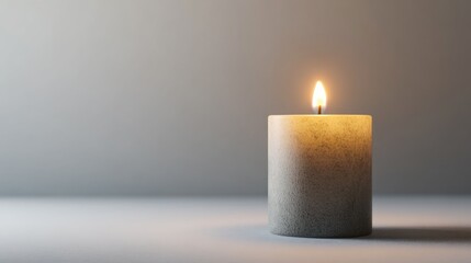 Poster - Grey Minimalist Pillar Candle with Flame Isolated on a White Background