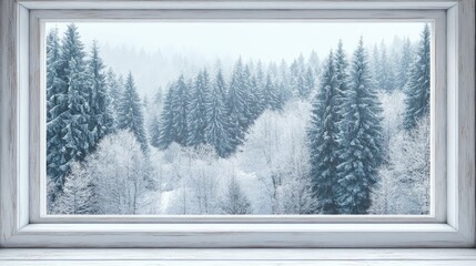 Poster - Frozen window with a white wooden frame showcasing a forest view ideal for a Christmas card mockup