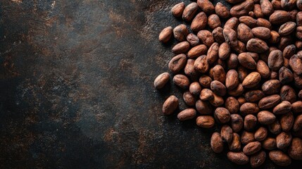 Cocoa beans displayed from above on a rustic surface against a dark backdrop