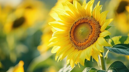 Vibrant Sunflower Beauty A close up view of a blooming sunflower highlighting its bright yellow petals and the essence of this beloved farm flower