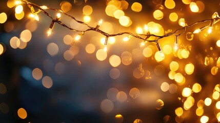 Poster - Warm golden garland lights shimmering against a dark background with a sparkling overlay Perfect for festive themes