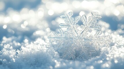 Poster - Close up of a snowflake resting on a white snow surface showcasing intricate details created through advanced techniques