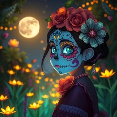 Young girl celebrating day of the dead with colorful face paint and floral headpiece beautiful floral atmosphere 