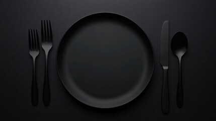 Poster - Minimalist dark plate mockup featuring silverware and a blank leaflet on a tabletop ideal for highlighting culinary design concepts