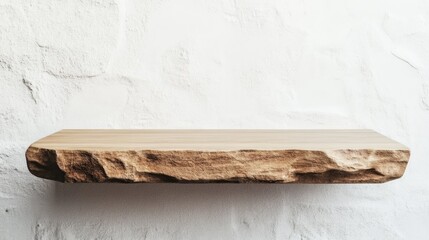 Poster - Empty wooden shelf atop stone with white wall background suitable for product display High quality image