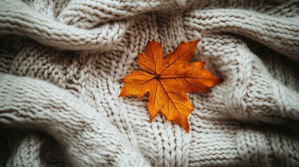 Poster - Cozy arrangement featuring an autumn leaf on a merino wool blanket creating a warm and inviting ambiance Flat lay with a knit texture and ample space for text Autumn theme