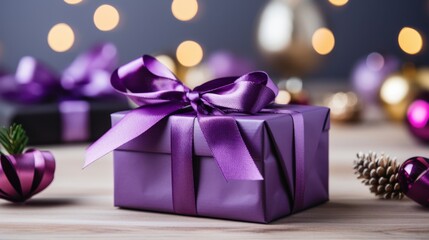 Poster - A Single Purple Gift Box With a Large Satin Bow, Close-up, With a Blurred Background of Christmas Decorations and Lights