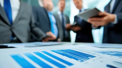 Aufkleber - A group of businessmen in suits gather around a table, looking at a tablet and a chart.