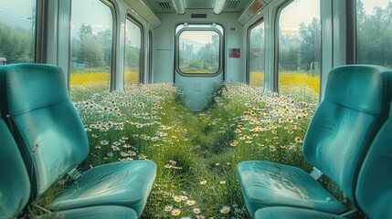Aufkleber - Inside the train, there is grass and white flowers on both sides of it, Two blue seats face each other inside the carriage. Outside the window, with green lawns and small wildflowers.