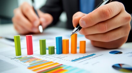 Poster - A businessman's hand pointing at a bar chart with a pen.
