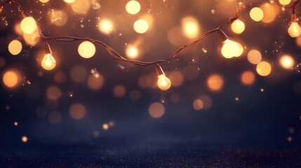 Poster - Warm golden garland lights shimmering against a dark background with a sparkling overlay Perfect for festive themes