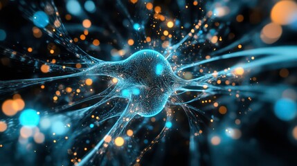 Aufkleber - Abstract representation of a neuron with glowing particles, symbolizing neural connections.
