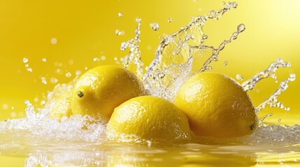 Lemon fruit splashing in water against a vibrant yellow backdrop