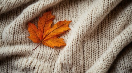 Poster - Cozy arrangement featuring an autumn leaf on a merino wool blanket creating a warm and inviting ambiance Flat lay with a knit texture and ample space for text Autumn theme