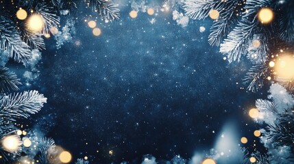Poster - Festive winter celebration banner template featuring a snow frame bokeh lights and ice crystals against a dark blue texture viewed from above with space for text