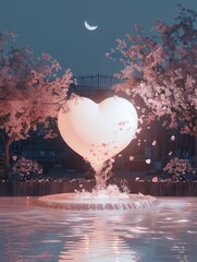 Poster - Heart-shaped entity, glowing with warm, Their shared form pulses gently, surrounded by swirling petals, casting a soft pink glow onto the nearby fountain and trees. The moon shines gently above them.