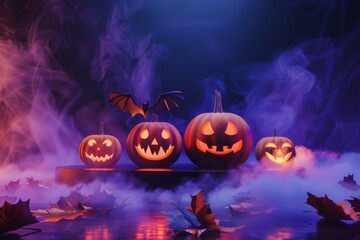 Podium halloween product background pumpkin 3D autumn platform smoke stage. Halloween podium orange product ice banner dark black fall floor night purple table display sale texture wall fog happy bat.