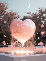 Poster - Heart-shaped entity, glowing with warm, Their shared form pulses gently, surrounded by swirling petals, casting a soft pink glow onto the nearby fountain and trees. The moon shines gently above them.