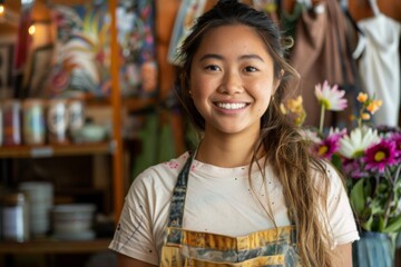 Wall Mural - Portrait of a smiling young Asian woman small business owner