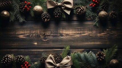 Poster - Rustic Christmas Decor with Pine Branches, Cones, and Red Berries on a Weathered Wooden Surface