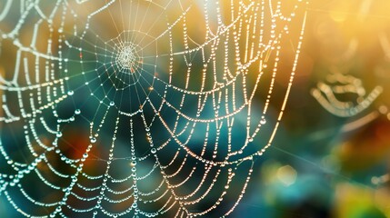 A close-up of a delicate spiders web glistening with morning dew