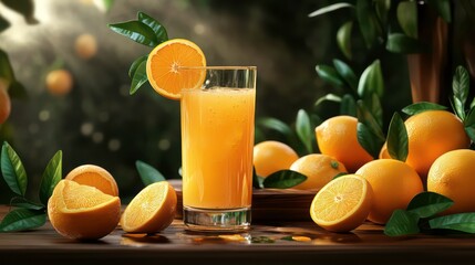 Poster - A glass of fresh orange juice with oranges and leaves on a wooden table.