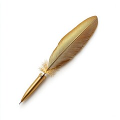 Golden feather quill pen on a white isolated background