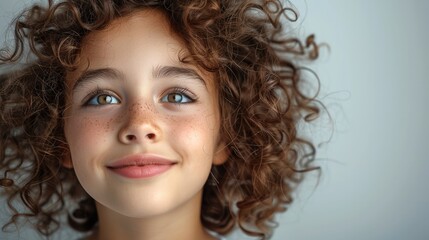 Wall Mural - Portrait of a happy girl with curly hair looking at white space, isolated on a solid background.