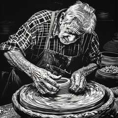 An elderly man shaping clay on a pottery wheel, focused on crafting a ceramic piece.	