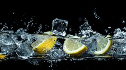 Poster - Fresh lemon slices and ice cubes splashing in water against a black background.