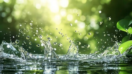Poster - A serene image of water droplets splashing in a lush, green environment.