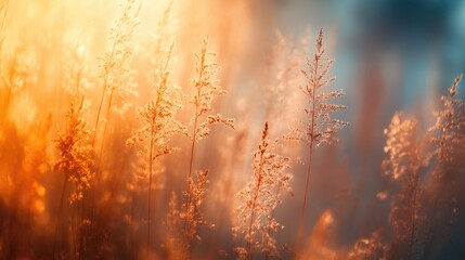 Wall Mural - Silhouetted Grass Blades Against a Hazy Sunset Sky