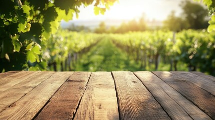 Wooden table surface with a blurred green vineyard landscape in the background during the spring season