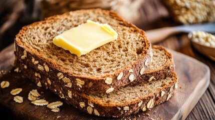 Wholesome and tasty whole grain bread spread with butter